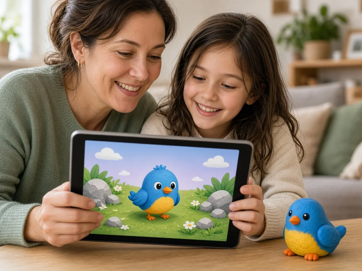A child and parent looking at a bird game that matches a clay bird