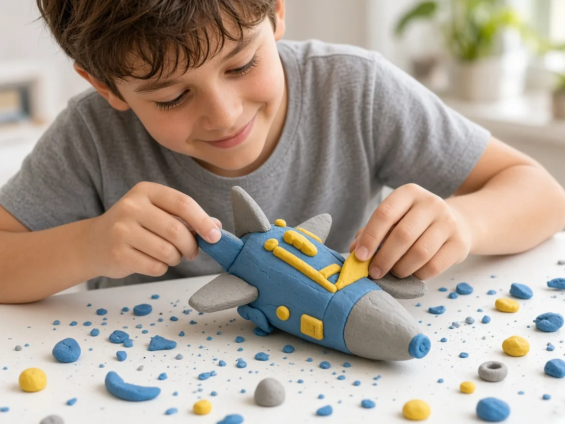 A child molding a blue and yellow clay spaceship