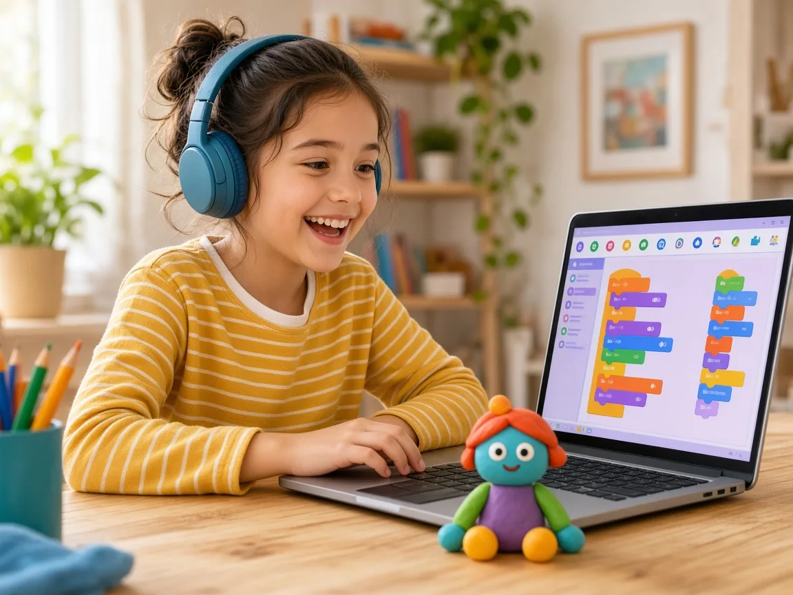 A child starting a coding lesson with a clay character beside the laptop
