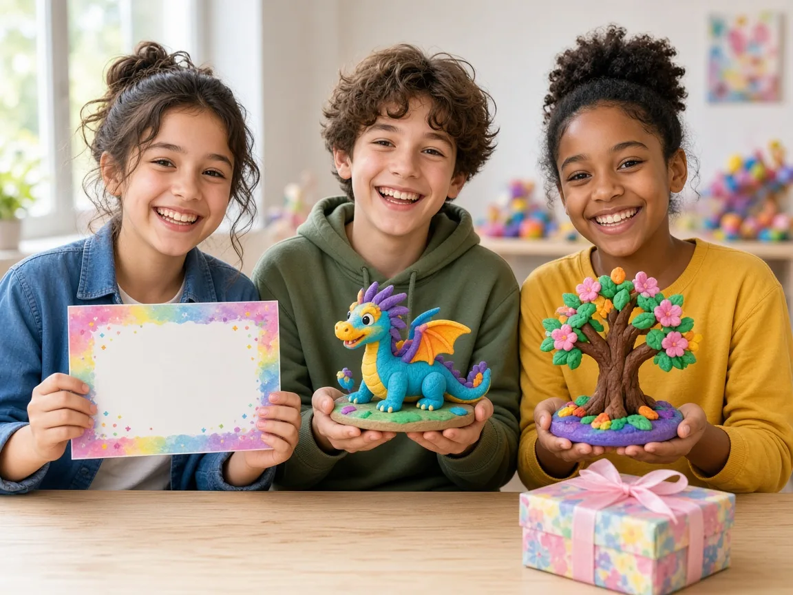 Children showing clay creations, a certificate, and a gift after the contest