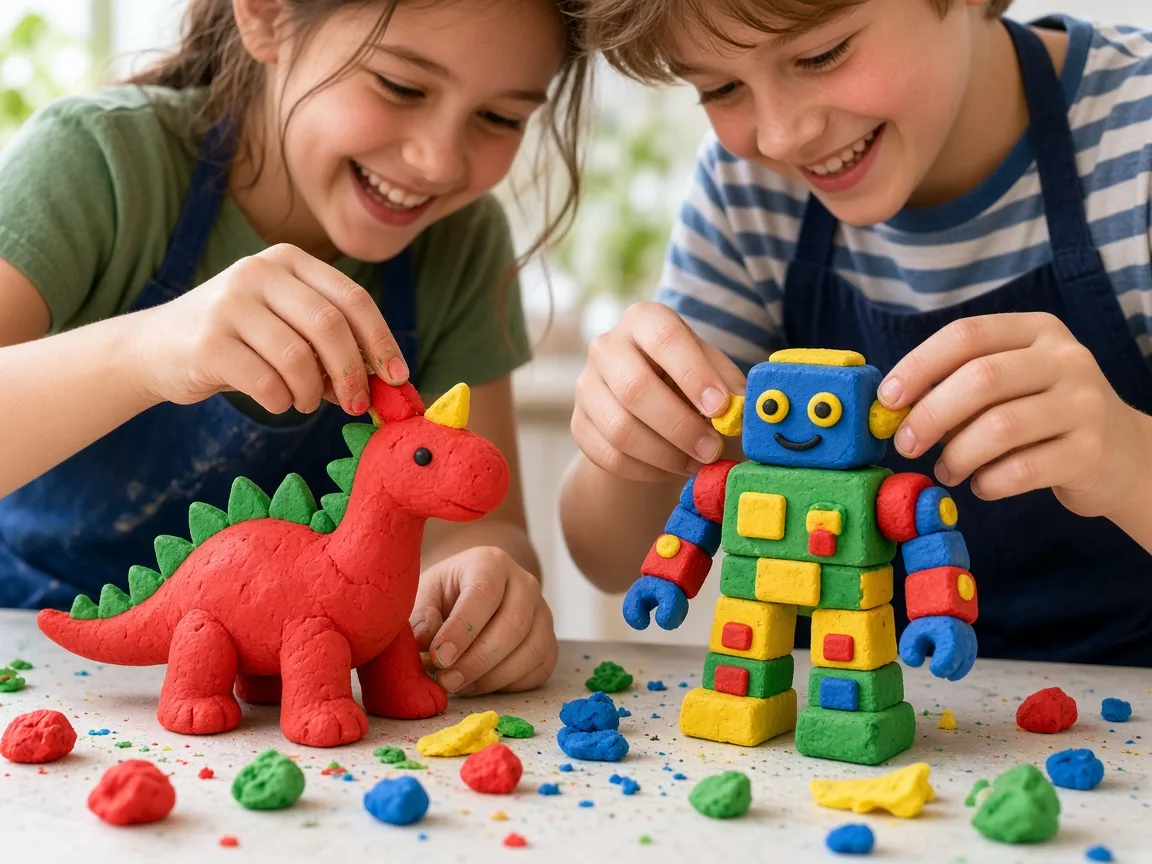 Two children shaping a clay dinosaur and a clay robot