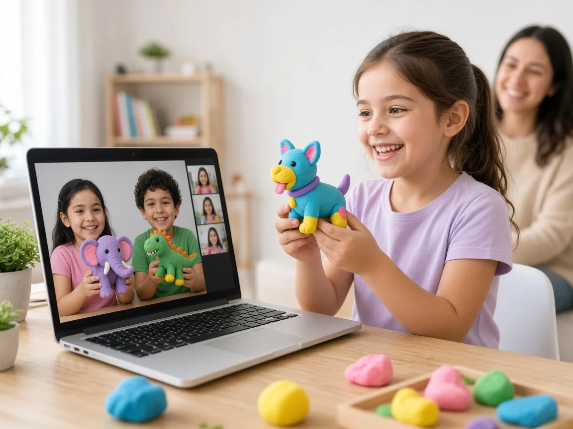 Child on a video call holding up a finished clay animal for the contest