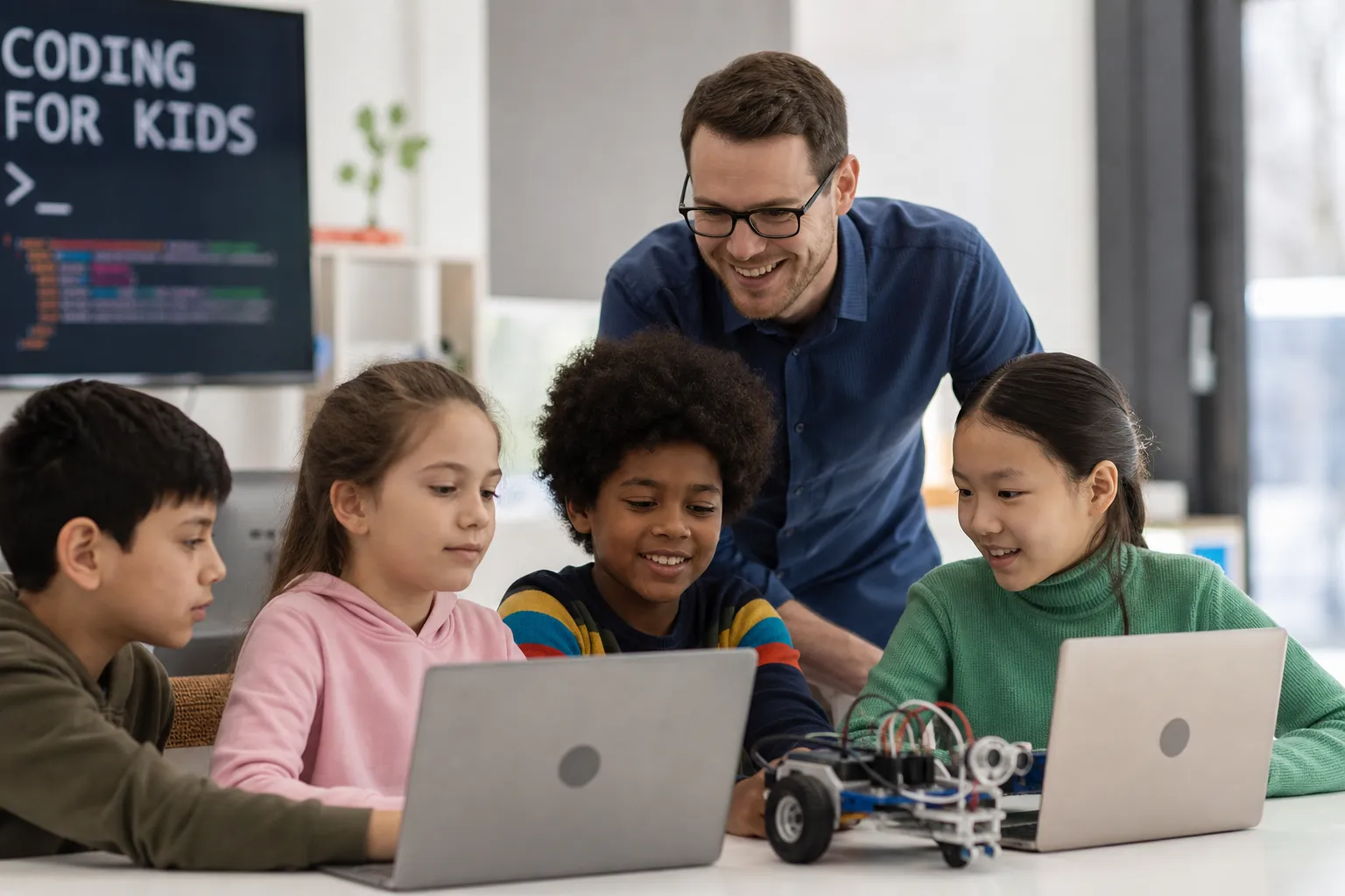 Teacher guiding children through a hands-on robotics and coding activity