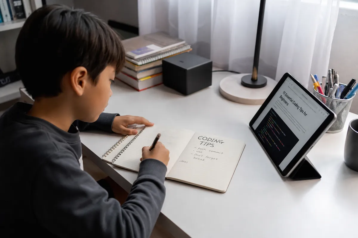 Student writing coding notes and ideas in a learning journal