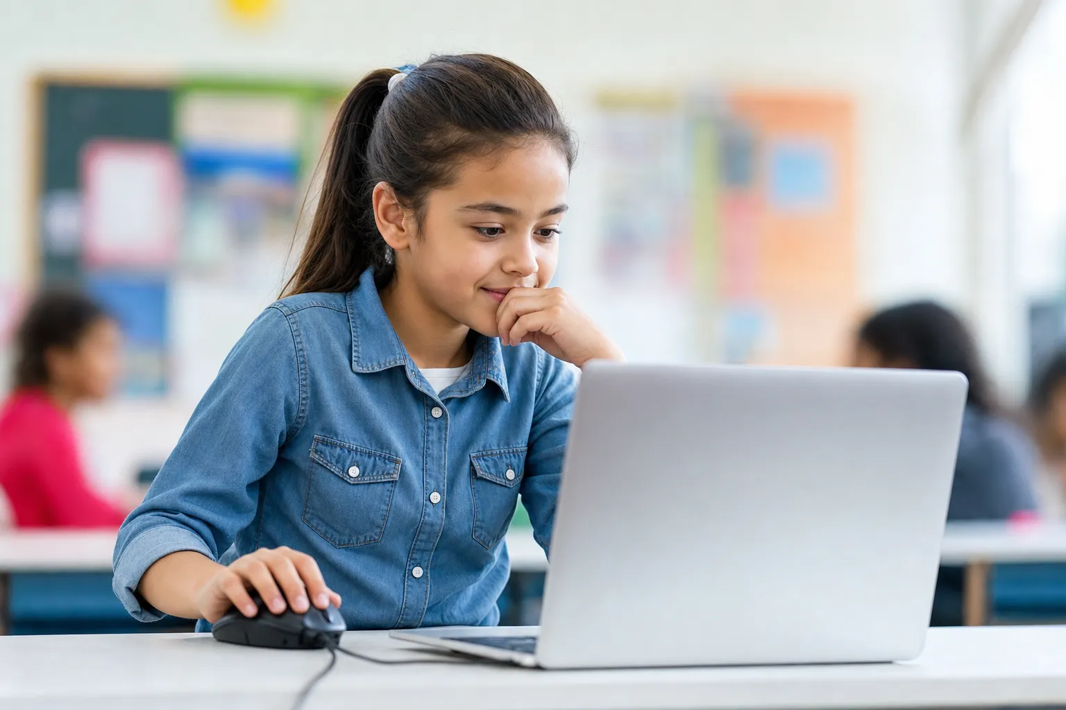 Young girl focused on learning with a laptop in a classroom