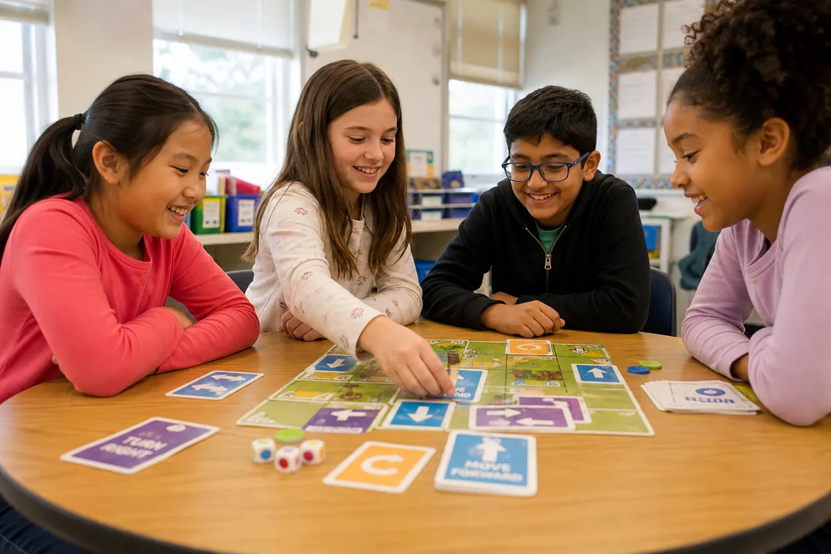 Children playing a creative screen-free coding board game together