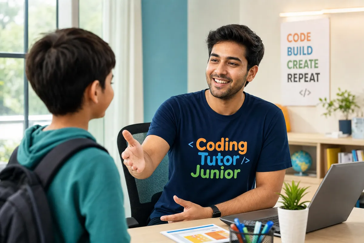 Coding Tutor Junior mentor in branded t-shirt welcoming a student to their first demo coding session