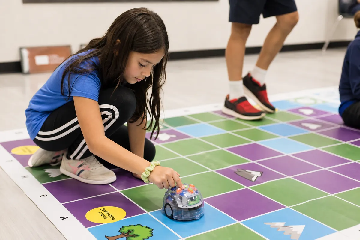Child programming a floor robot on a colorful grid mat — screen-free coding