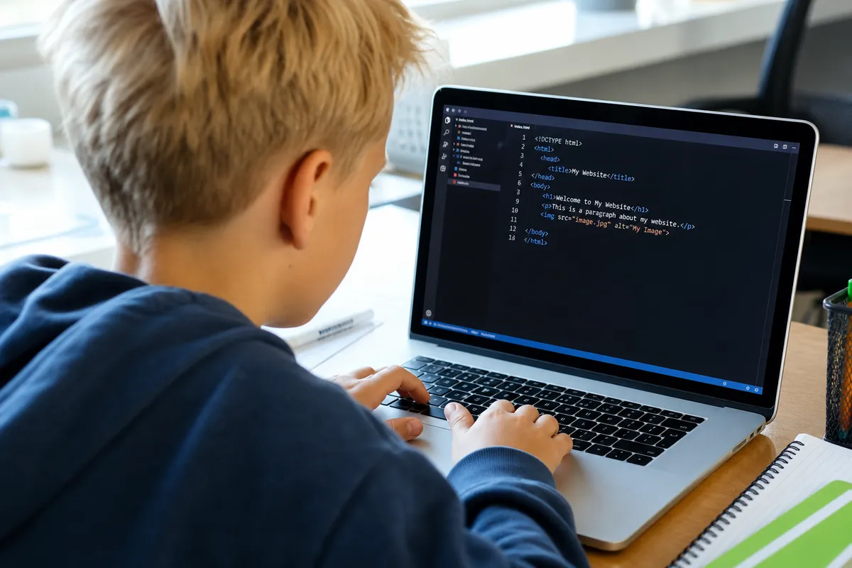Young student learning HTML and web coding on a laptop