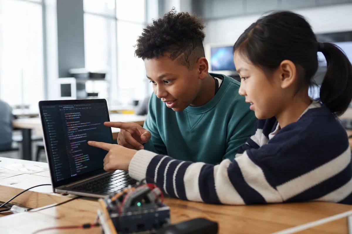 Two children collaborating on a laptop with coding on screen