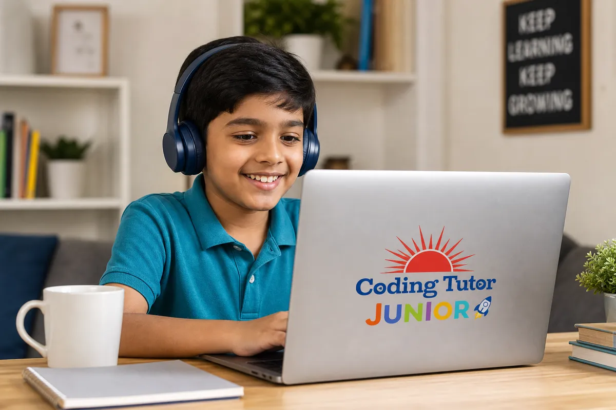 Child enjoying a live online Coding Tutor Junior class from home
