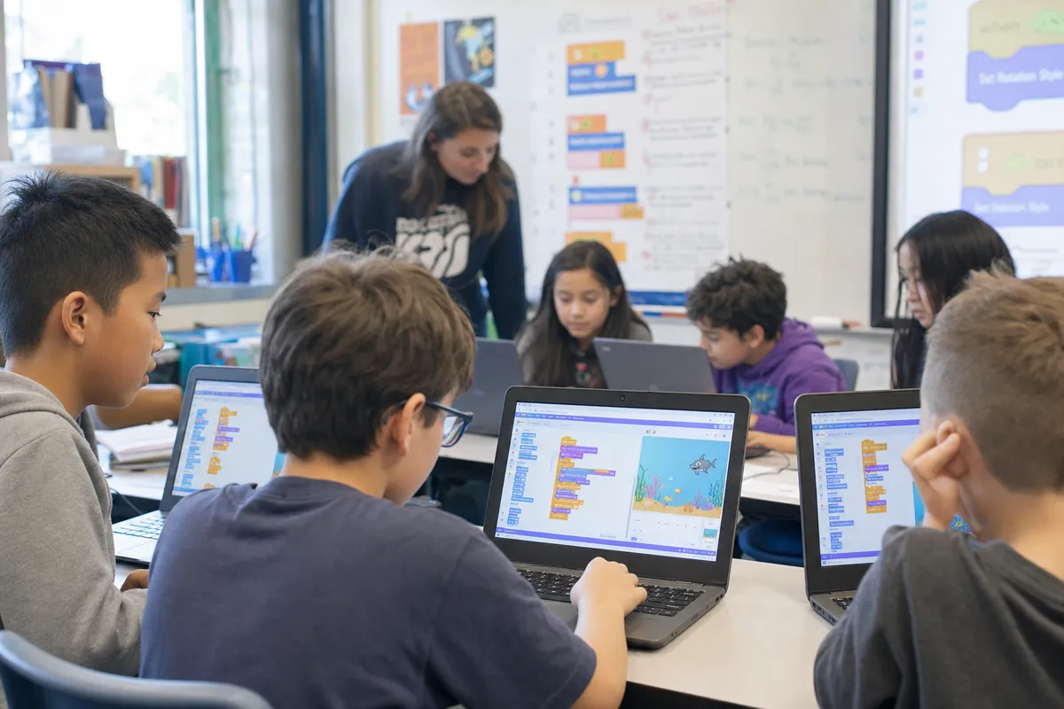 Students learning block-based Scratch programming in a bright classroom