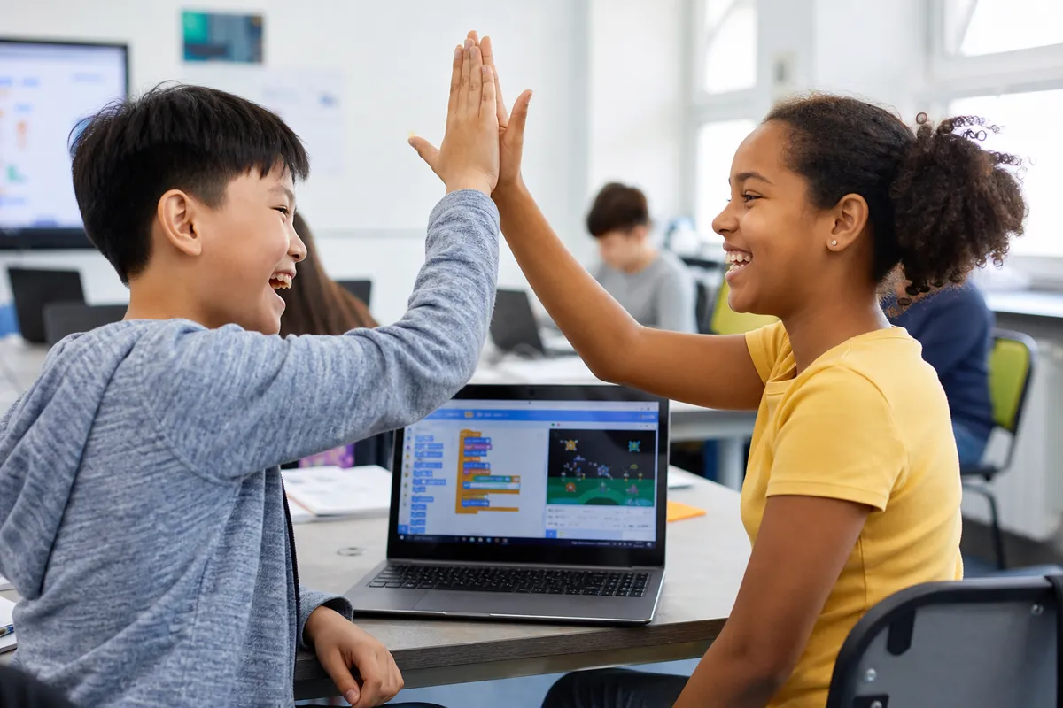 Children celebrating a completed coding project together