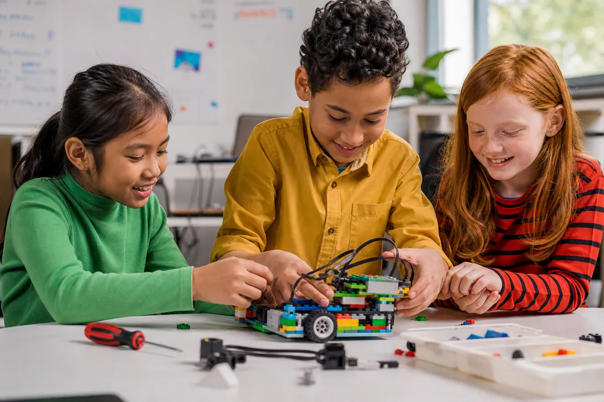 Children building a colorful robot with blocks and tools — hands-on STEM fun
