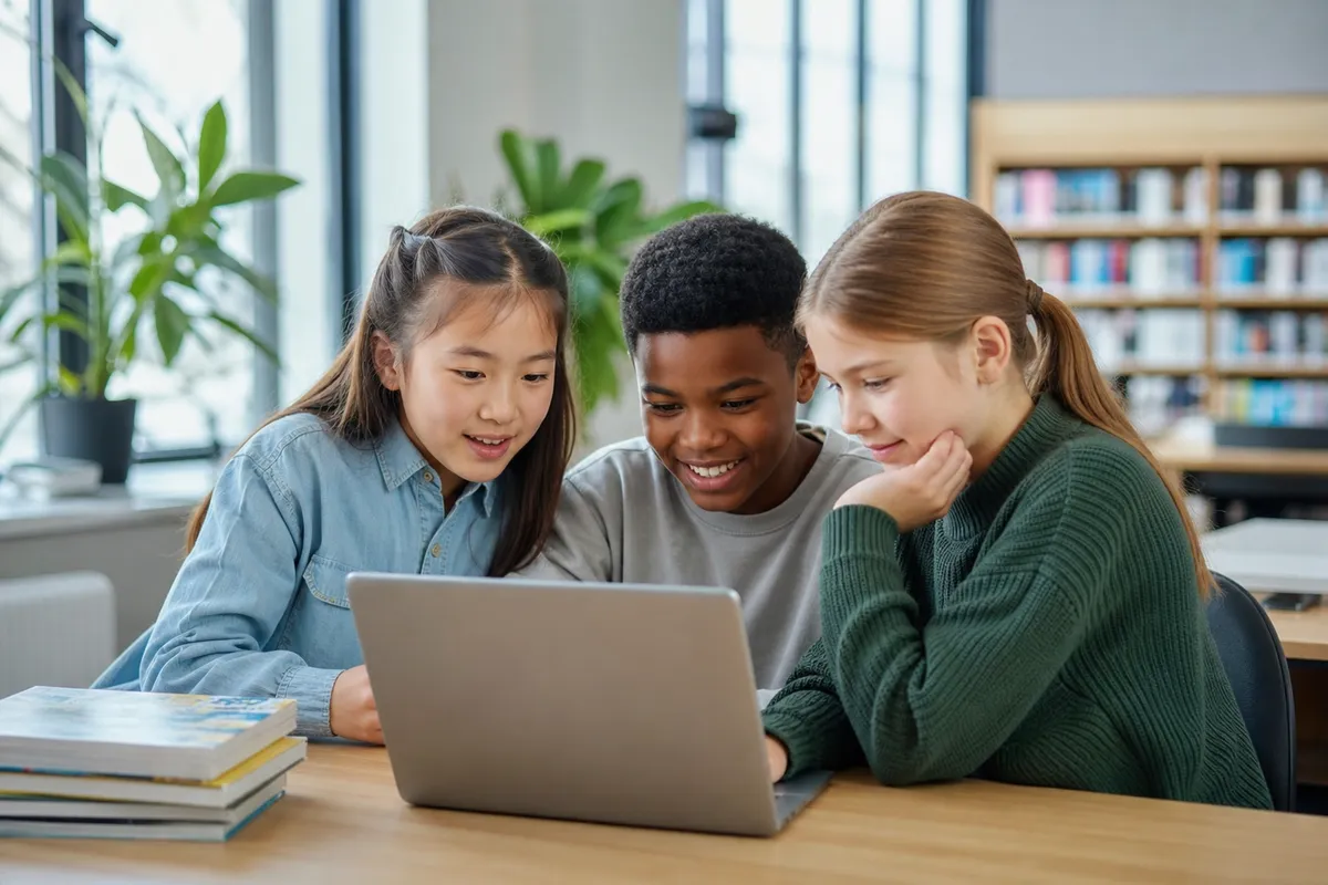 Children working together on a laptop in a modern learning space