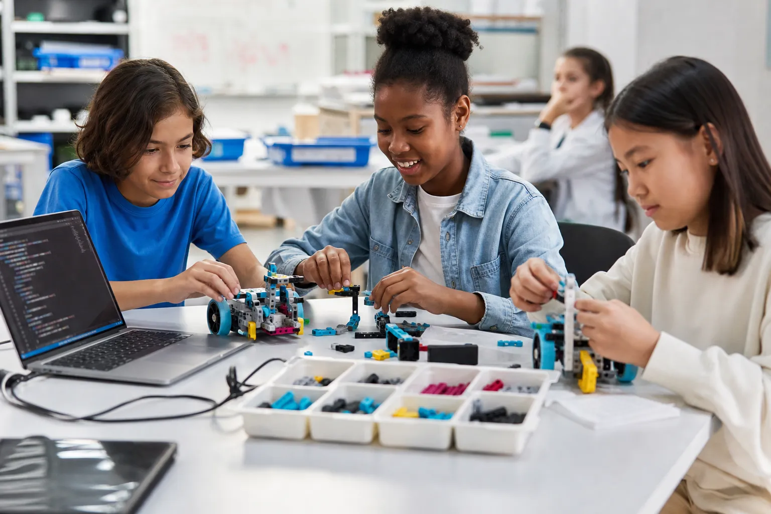 Students building robots and coding in a hands-on STEM workshop