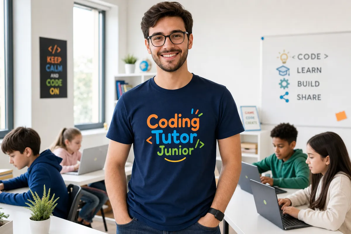 Friendly Coding Tutor Junior mentor wearing a branded t-shirt in a bright classroom